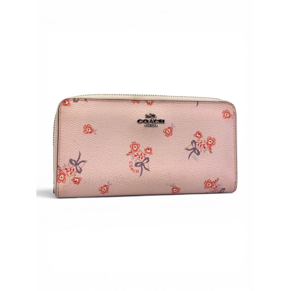 Coach Accordion Zip Wallet Floral Bow Print Pink Leather Zip Around Wallet 29969